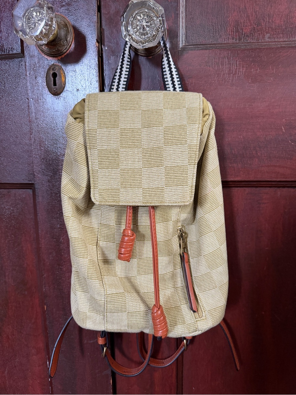 Universal Thread Beige Check Canvas Backpack with Brown Trim